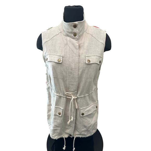 ENTRO | Beige Linen Blend Embroidered Back Utility Vest | Medium - Picture 2 of 9